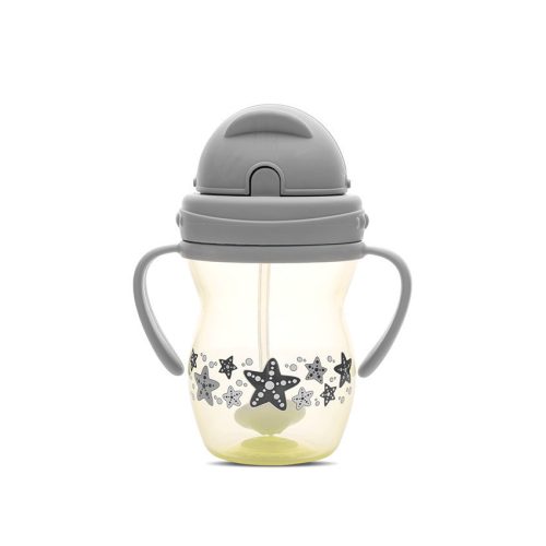 Baby Care szívószálas itató fogantyúval 275ml - Grey/Yellow