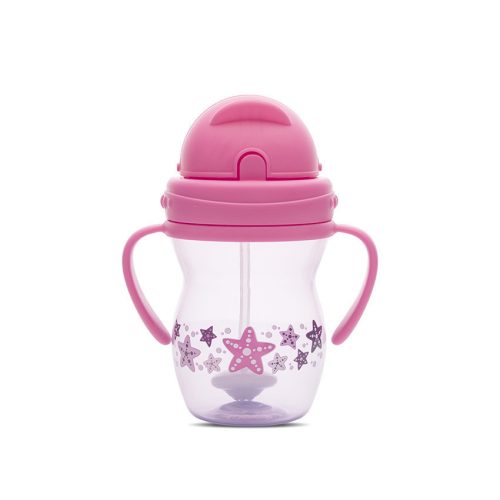 Baby Care szívószálas itató fogantyúval 275ml - Pink/Purple